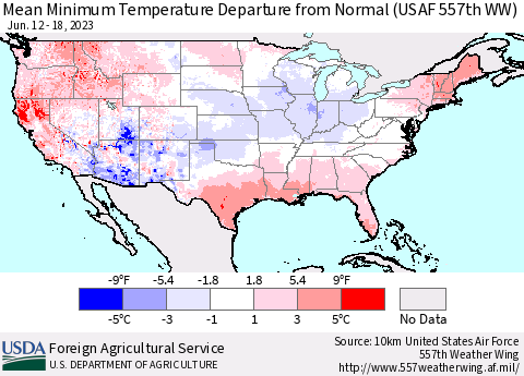 United States Mean Minimum Temperature Departure from Normal (USAF 557th WW) Thematic Map For 6/12/2023 - 6/18/2023