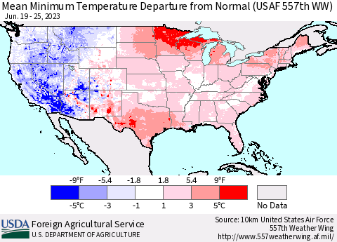 United States Mean Minimum Temperature Departure from Normal (USAF 557th WW) Thematic Map For 6/19/2023 - 6/25/2023