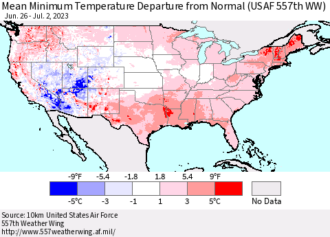 United States Mean Minimum Temperature Departure from Normal (USAF 557th WW) Thematic Map For 6/26/2023 - 7/2/2023