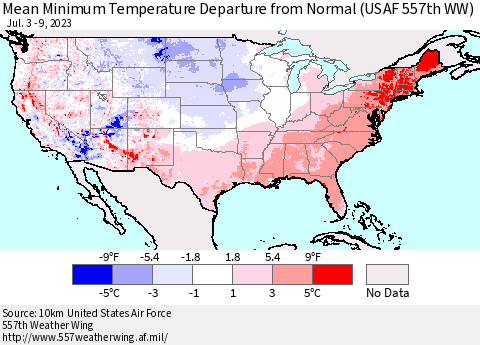 United States Mean Minimum Temperature Departure from Normal (USAF 557th WW) Thematic Map For 7/3/2023 - 7/9/2023