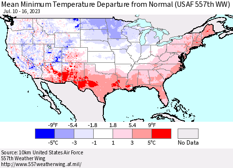 United States Mean Minimum Temperature Departure from Normal (USAF 557th WW) Thematic Map For 7/10/2023 - 7/16/2023