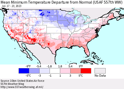 United States Mean Minimum Temperature Departure from Normal (USAF 557th WW) Thematic Map For 7/17/2023 - 7/23/2023
