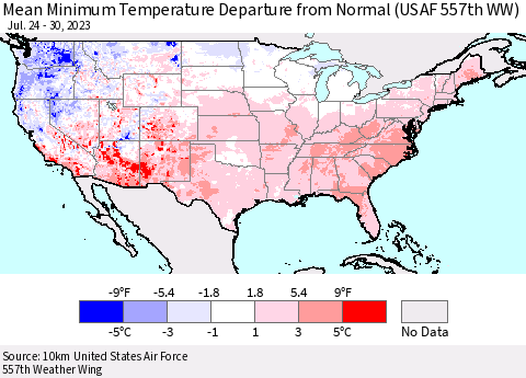 United States Mean Minimum Temperature Departure from Normal (USAF 557th WW) Thematic Map For 7/24/2023 - 7/30/2023