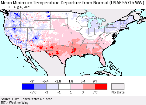 United States Mean Minimum Temperature Departure from Normal (USAF 557th WW) Thematic Map For 7/31/2023 - 8/6/2023