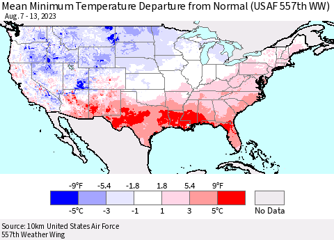United States Mean Minimum Temperature Departure from Normal (USAF 557th WW) Thematic Map For 8/7/2023 - 8/13/2023