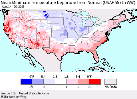 United States Mean Minimum Temperature Departure from Normal (USAF 557th WW) Thematic Map For 8/14/2023 - 8/20/2023