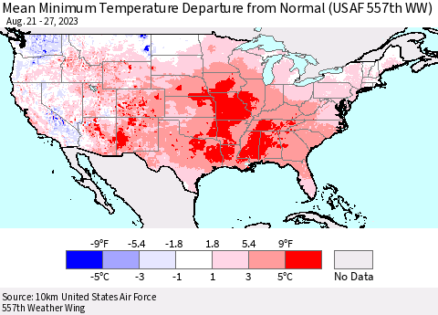 United States Mean Minimum Temperature Departure from Normal (USAF 557th WW) Thematic Map For 8/21/2023 - 8/27/2023