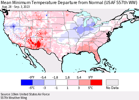 United States Mean Minimum Temperature Departure from Normal (USAF 557th WW) Thematic Map For 8/28/2023 - 9/3/2023