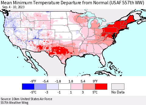 United States Mean Minimum Temperature Departure from Normal (USAF 557th WW) Thematic Map For 9/4/2023 - 9/10/2023