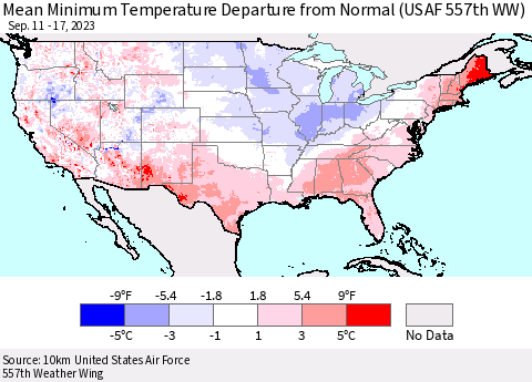 United States Mean Minimum Temperature Departure from Normal (USAF 557th WW) Thematic Map For 9/11/2023 - 9/17/2023