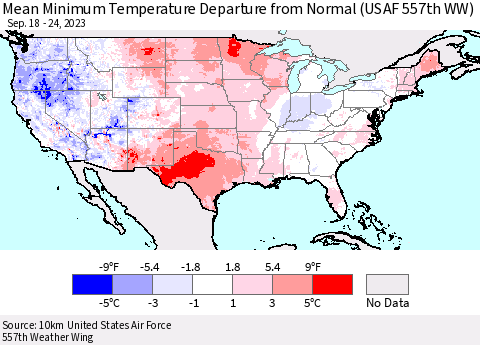 United States Mean Minimum Temperature Departure from Normal (USAF 557th WW) Thematic Map For 9/18/2023 - 9/24/2023