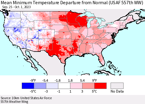 United States Mean Minimum Temperature Departure from Normal (USAF 557th WW) Thematic Map For 9/25/2023 - 10/1/2023