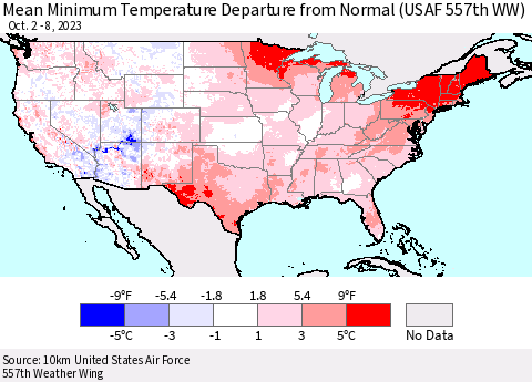 United States Mean Minimum Temperature Departure from Normal (USAF 557th WW) Thematic Map For 10/2/2023 - 10/8/2023