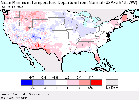 United States Mean Minimum Temperature Departure from Normal (USAF 557th WW) Thematic Map For 10/9/2023 - 10/15/2023