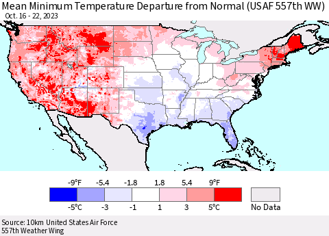 United States Mean Minimum Temperature Departure from Normal (USAF 557th WW) Thematic Map For 10/16/2023 - 10/22/2023