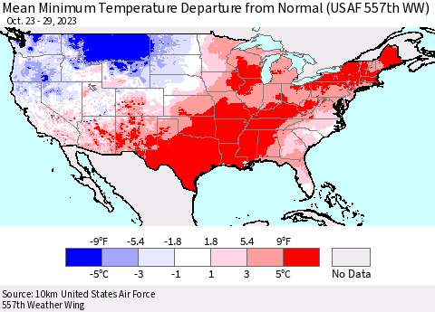 United States Mean Minimum Temperature Departure from Normal (USAF 557th WW) Thematic Map For 10/23/2023 - 10/29/2023