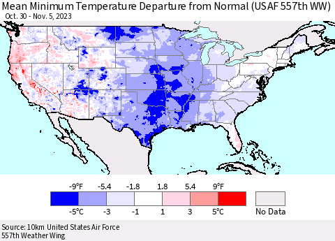 United States Mean Minimum Temperature Departure from Normal (USAF 557th WW) Thematic Map For 10/30/2023 - 11/5/2023