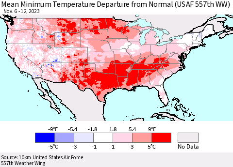 United States Mean Minimum Temperature Departure from Normal (USAF 557th WW) Thematic Map For 11/6/2023 - 11/12/2023