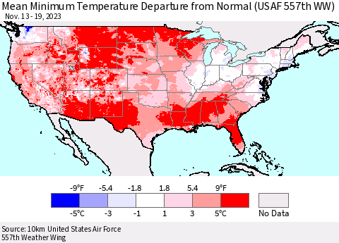 United States Mean Minimum Temperature Departure from Normal (USAF 557th WW) Thematic Map For 11/13/2023 - 11/19/2023