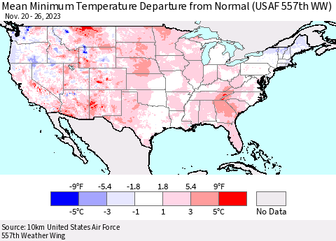 United States Mean Minimum Temperature Departure from Normal (USAF 557th WW) Thematic Map For 11/20/2023 - 11/26/2023