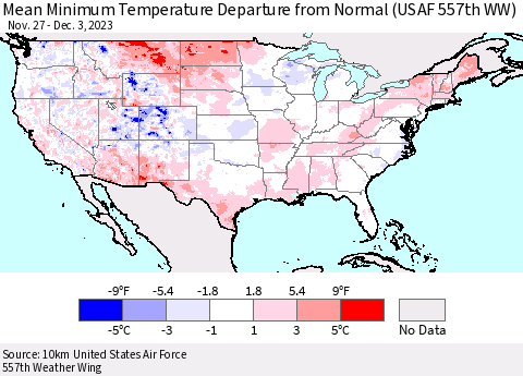 United States Mean Minimum Temperature Departure from Normal (USAF 557th WW) Thematic Map For 11/27/2023 - 12/3/2023