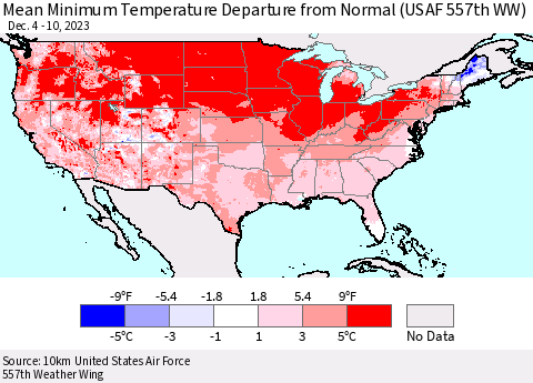 United States Mean Minimum Temperature Departure from Normal (USAF 557th WW) Thematic Map For 12/4/2023 - 12/10/2023