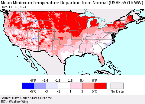 United States Mean Minimum Temperature Departure from Normal (USAF 557th WW) Thematic Map For 12/11/2023 - 12/17/2023
