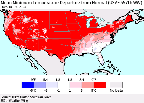 United States Mean Minimum Temperature Departure from Normal (USAF 557th WW) Thematic Map For 12/18/2023 - 12/24/2023