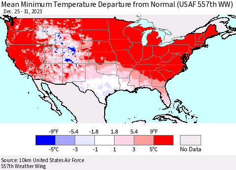 United States Mean Minimum Temperature Departure from Normal (USAF 557th WW) Thematic Map For 12/25/2023 - 12/31/2023