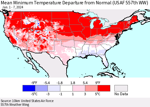 United States Mean Minimum Temperature Departure from Normal (USAF 557th WW) Thematic Map For 1/1/2024 - 1/7/2024