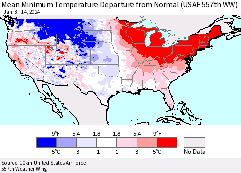 United States Mean Minimum Temperature Departure from Normal (USAF 557th WW) Thematic Map For 1/8/2024 - 1/14/2024