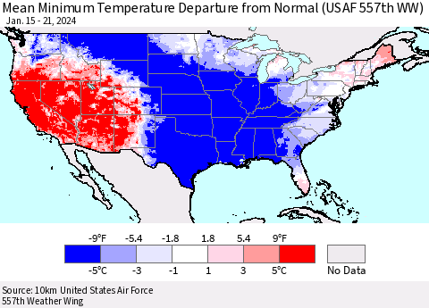 United States Mean Minimum Temperature Departure from Normal (USAF 557th WW) Thematic Map For 1/15/2024 - 1/21/2024