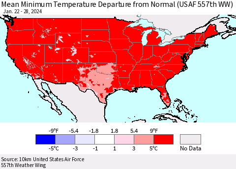 United States Mean Minimum Temperature Departure from Normal (USAF 557th WW) Thematic Map For 1/22/2024 - 1/28/2024