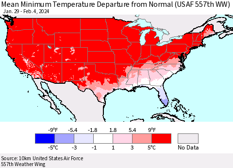 United States Mean Minimum Temperature Departure from Normal (USAF 557th WW) Thematic Map For 1/29/2024 - 2/4/2024