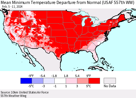 United States Mean Minimum Temperature Departure from Normal (USAF 557th WW) Thematic Map For 2/5/2024 - 2/11/2024