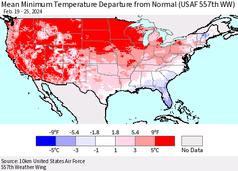 United States Mean Minimum Temperature Departure from Normal (USAF 557th WW) Thematic Map For 2/19/2024 - 2/25/2024