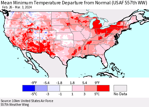 United States Mean Minimum Temperature Departure from Normal (USAF 557th WW) Thematic Map For 2/26/2024 - 3/3/2024