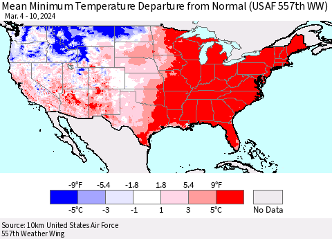 United States Mean Minimum Temperature Departure from Normal (USAF 557th WW) Thematic Map For 3/4/2024 - 3/10/2024