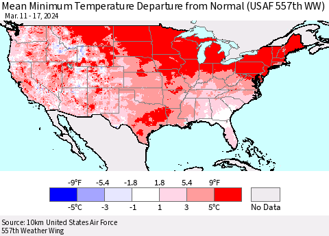 United States Mean Minimum Temperature Departure from Normal (USAF 557th WW) Thematic Map For 3/11/2024 - 3/17/2024
