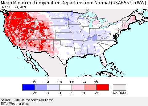 United States Mean Minimum Temperature Departure from Normal (USAF 557th WW) Thematic Map For 3/18/2024 - 3/24/2024
