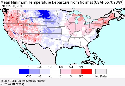 United States Mean Minimum Temperature Departure from Normal (USAF 557th WW) Thematic Map For 3/25/2024 - 3/31/2024