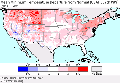 United States Mean Minimum Temperature Departure from Normal (USAF 557th WW) Thematic Map For 4/1/2024 - 4/7/2024
