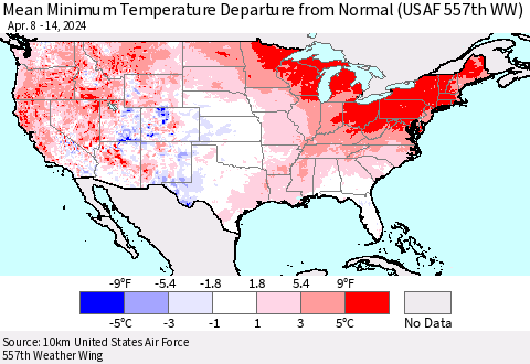 United States Mean Minimum Temperature Departure from Normal (USAF 557th WW) Thematic Map For 4/8/2024 - 4/14/2024