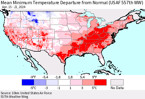 United States Mean Minimum Temperature Departure from Normal (USAF 557th WW) Thematic Map For 4/15/2024 - 4/21/2024