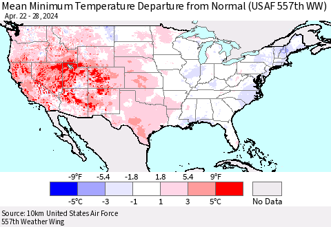 United States Mean Minimum Temperature Departure from Normal (USAF 557th WW) Thematic Map For 4/22/2024 - 4/28/2024