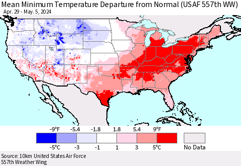 United States Mean Minimum Temperature Departure from Normal (USAF 557th WW) Thematic Map For 4/29/2024 - 5/5/2024