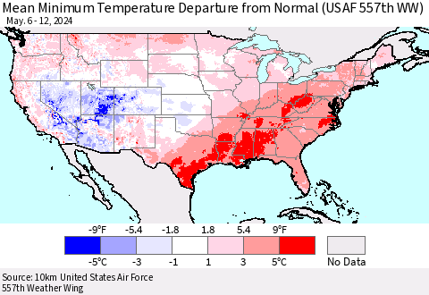 United States Mean Minimum Temperature Departure from Normal (USAF 557th WW) Thematic Map For 5/6/2024 - 5/12/2024