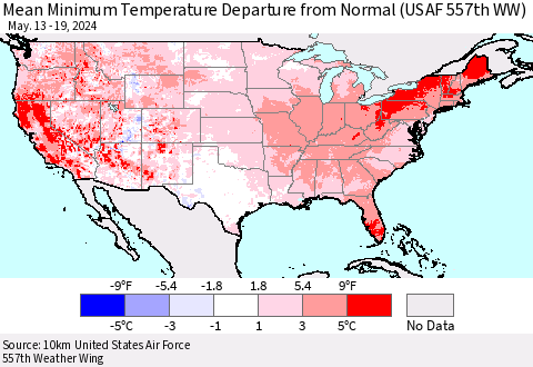 United States Mean Minimum Temperature Departure from Normal (USAF 557th WW) Thematic Map For 5/13/2024 - 5/19/2024