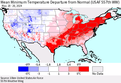 United States Mean Minimum Temperature Departure from Normal (USAF 557th WW) Thematic Map For 5/20/2024 - 5/26/2024
