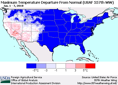 United States Mean Maximum Temperature Departure from Normal (USAF 557th WW) Thematic Map For 1/1/2018 - 1/7/2018